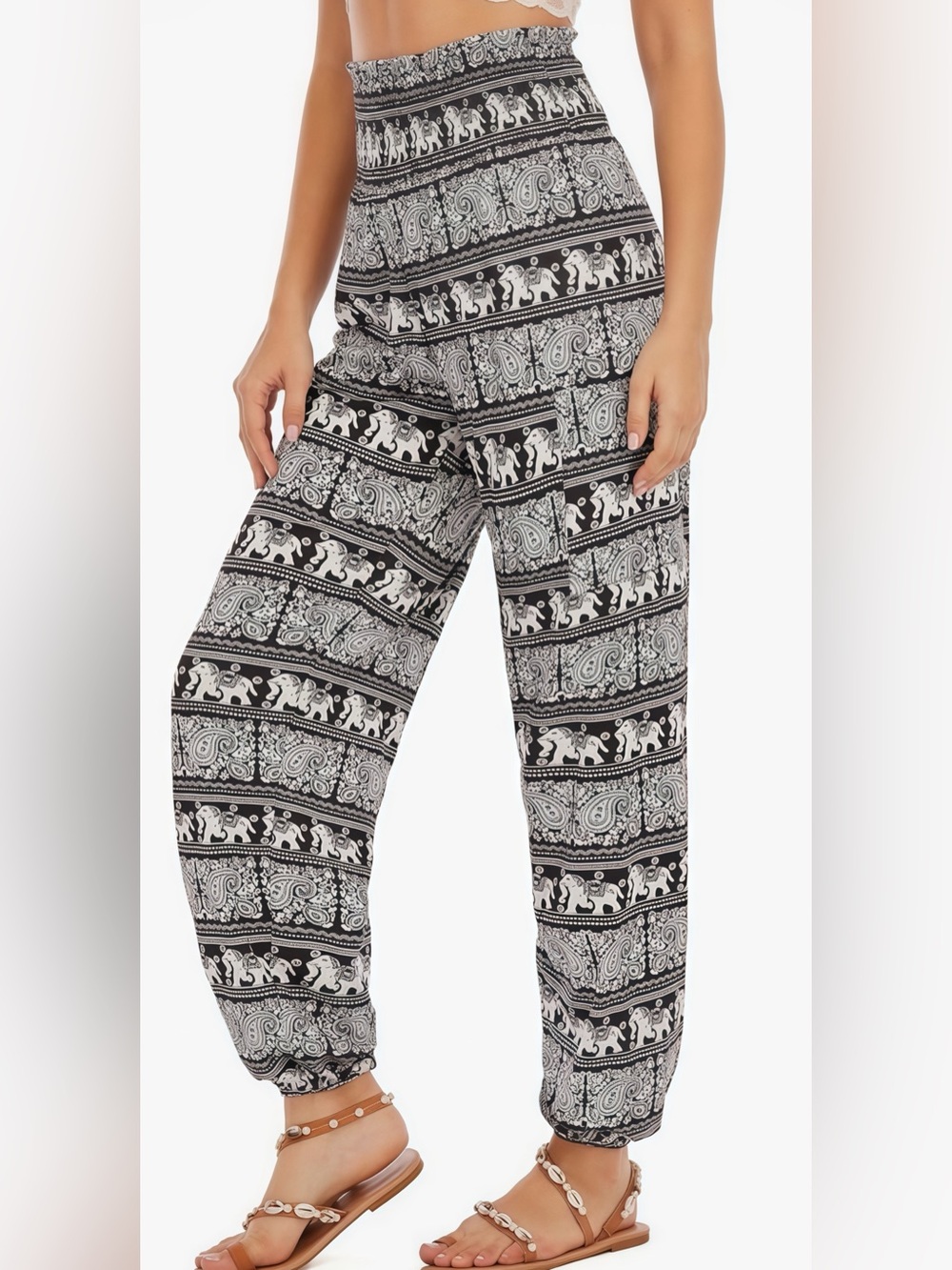 High-waist Wide-leg Boho Pants with Pockets in Black and White